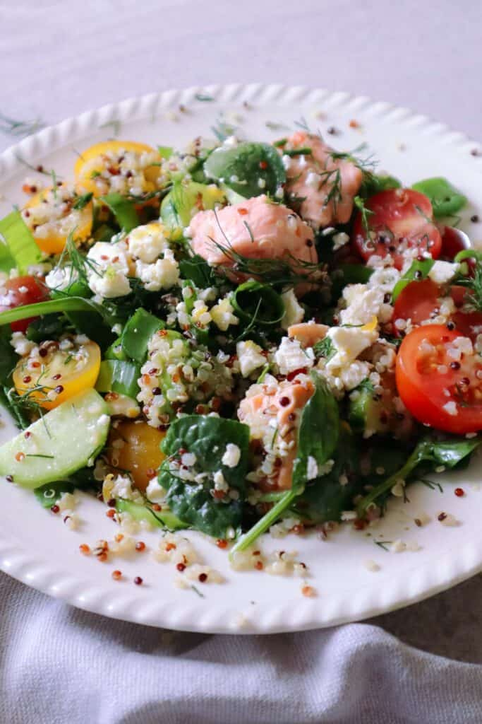 Salmon quinoa salad with feta cheese on plate