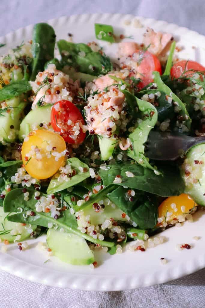 salmon quinoa salad with forkful on plate