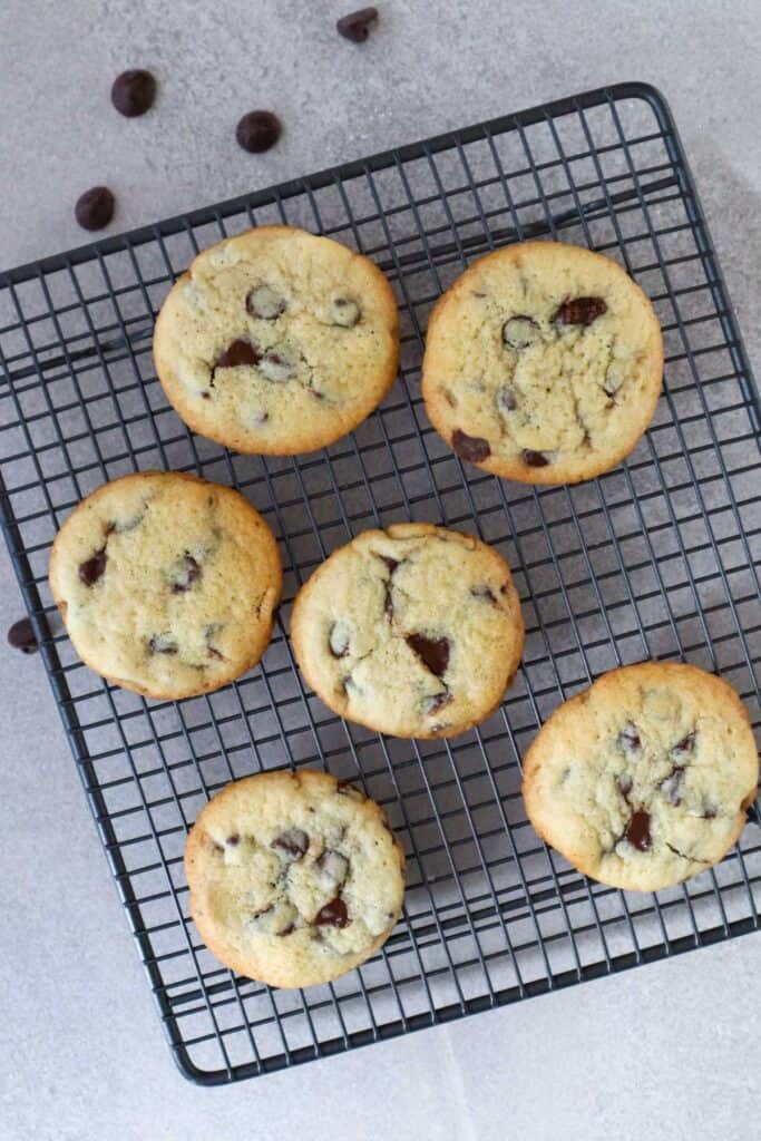 six chocolate chip cookies made with white sugar cooling on wire rack
