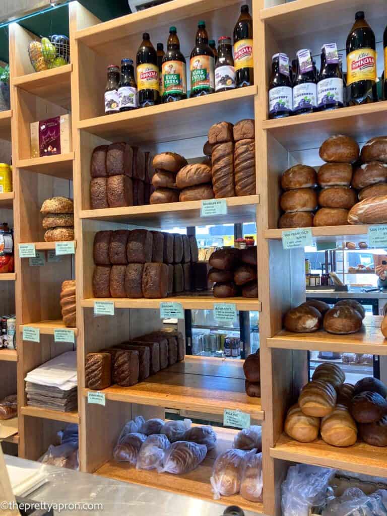 Latvian and Baltic Rye bread loaves of bread on shelves in baker in the Rye bakery