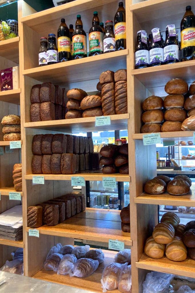 Latvian and Baltic Rye bread loaves of bread on shelves in baker in the Rye bakery