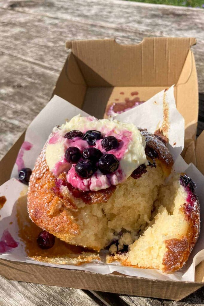 Blueberry muffin with dollop of cream on top with blueberries in syrup on top. The muffin is in a cardboard takeaway box and is lying on a wooden picnic table.