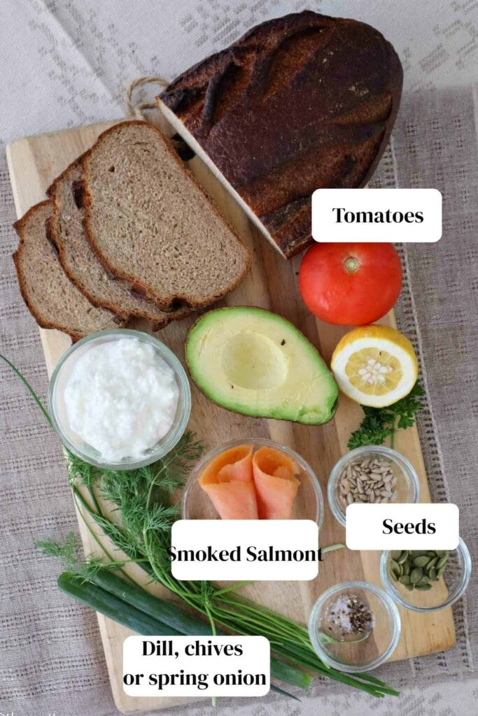 aocado cottage cheese toast additional toppings of tomatoes, smoked salmon and seeds