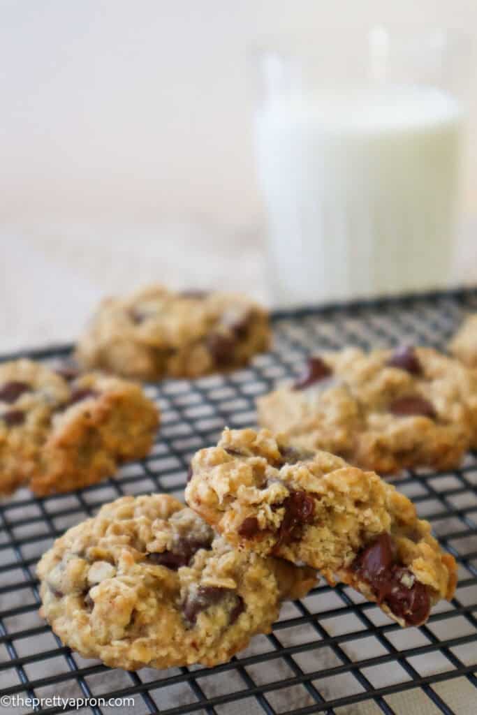 oatmeal chocolate chip cookies without brown sugar with glass of milk