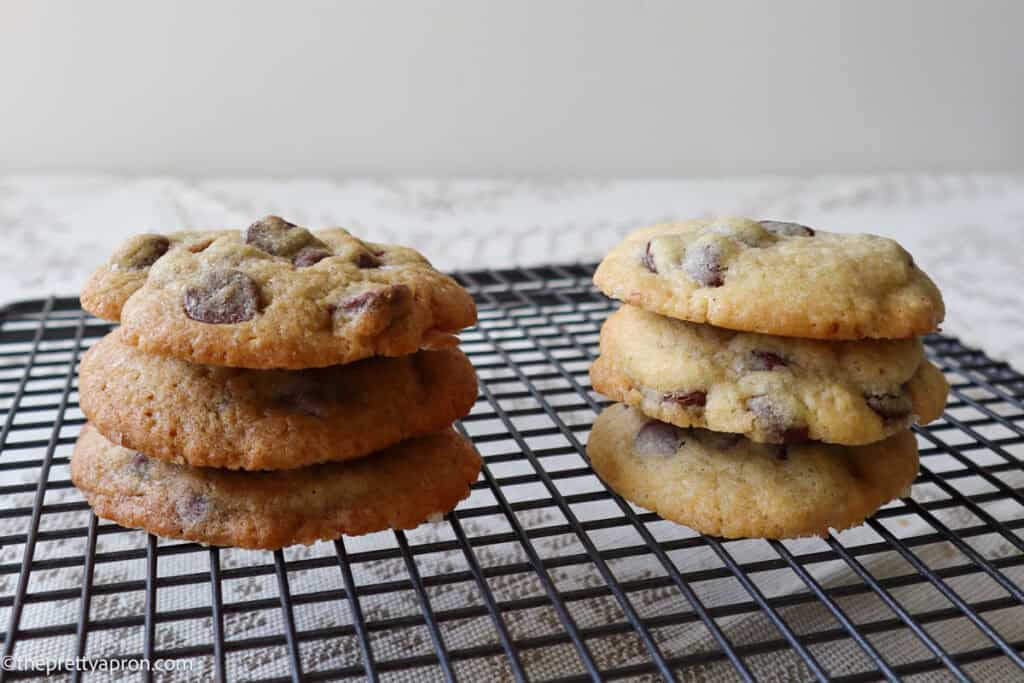 two stacks of chocolate chip cookies
