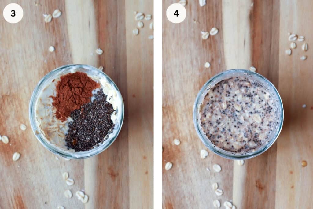 Cinnamon roll overnight oats ingredients placed in glass jam jar on left image and those ingredients mixed up in the jam jar on the right side image.