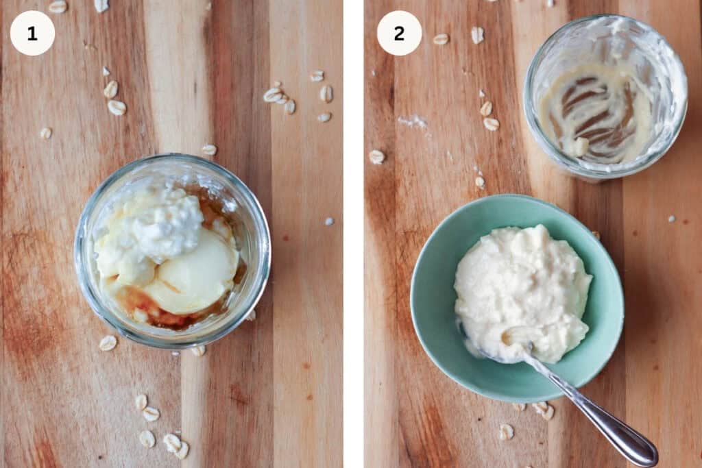 Cottage cheese, cream cheese and maple syrup in jam jar on one side and mixed ingredients in a small green bowl on the other side on a wooden board.
