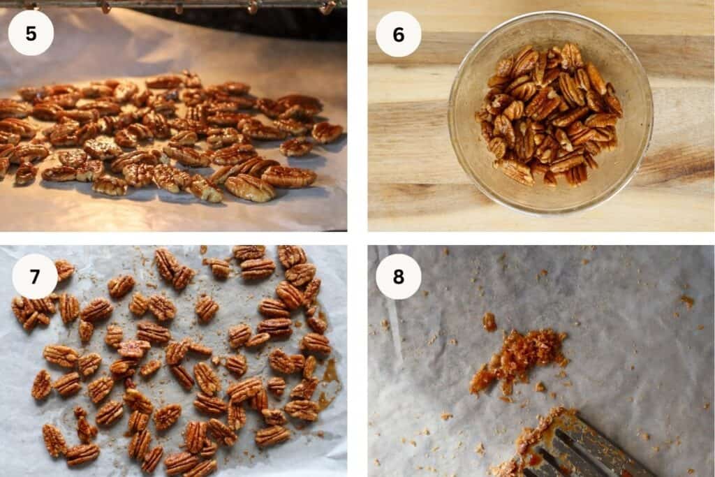 Instructions 1-4 showing roasted maple pecans on baking sheet in oven and on parchment paper. 