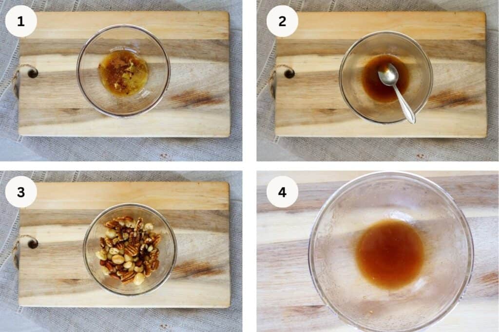 maple syrup and butter in small bowl, maple syrup and melted butter mixed, chopped nuts in bowl, leftover maple syrup and butter mixture