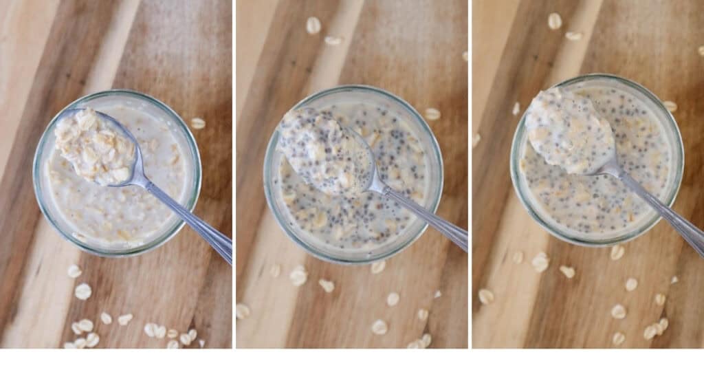 Three images of a spoonful of overnight oats from a jar of maple overnight oats.