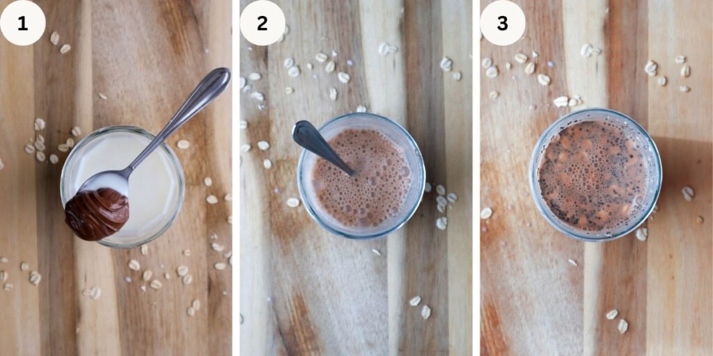 Collage of three images: Milk and spoon of nutella in a jar, chocolate milk liquid in jar and oats and chocolate milk in a jar, all on a wooden board.