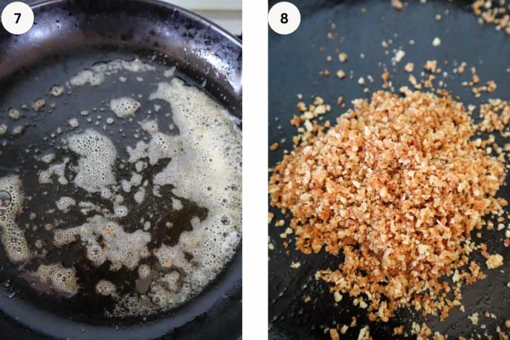 Butter browned in black skillet and toasted panko crumbs in black skillet.