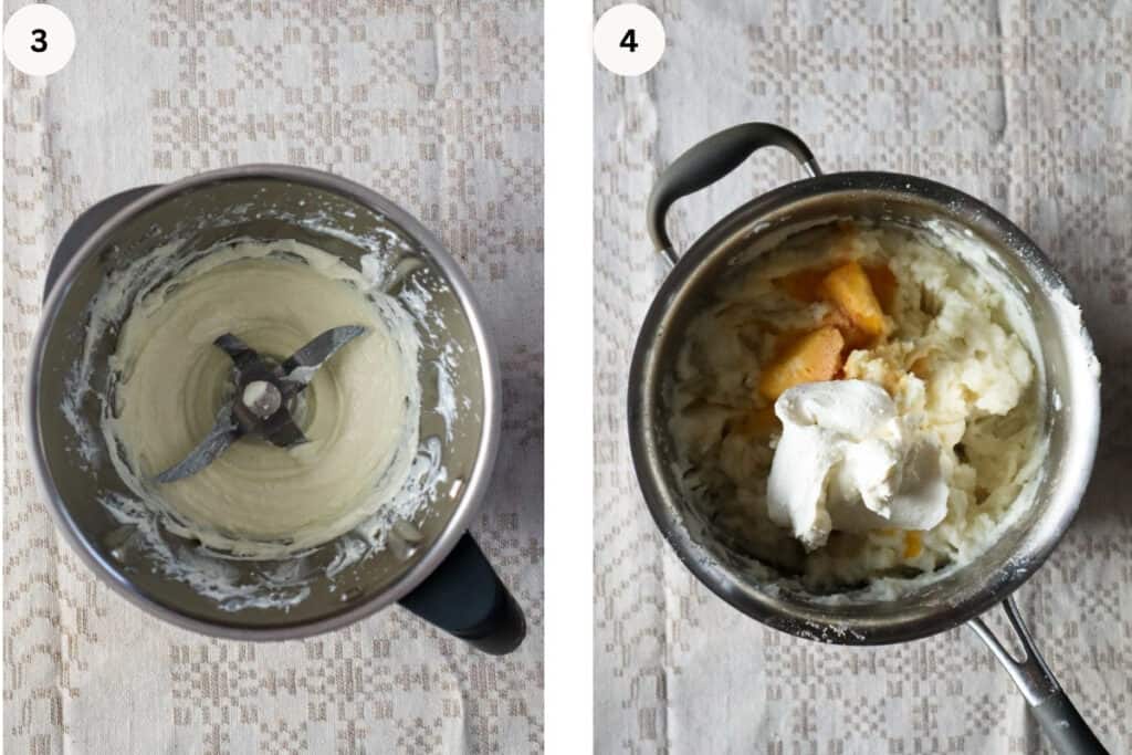 Cottage cheese whipped in food processor and pot with mashed potatoes, cottage cheese and butter.