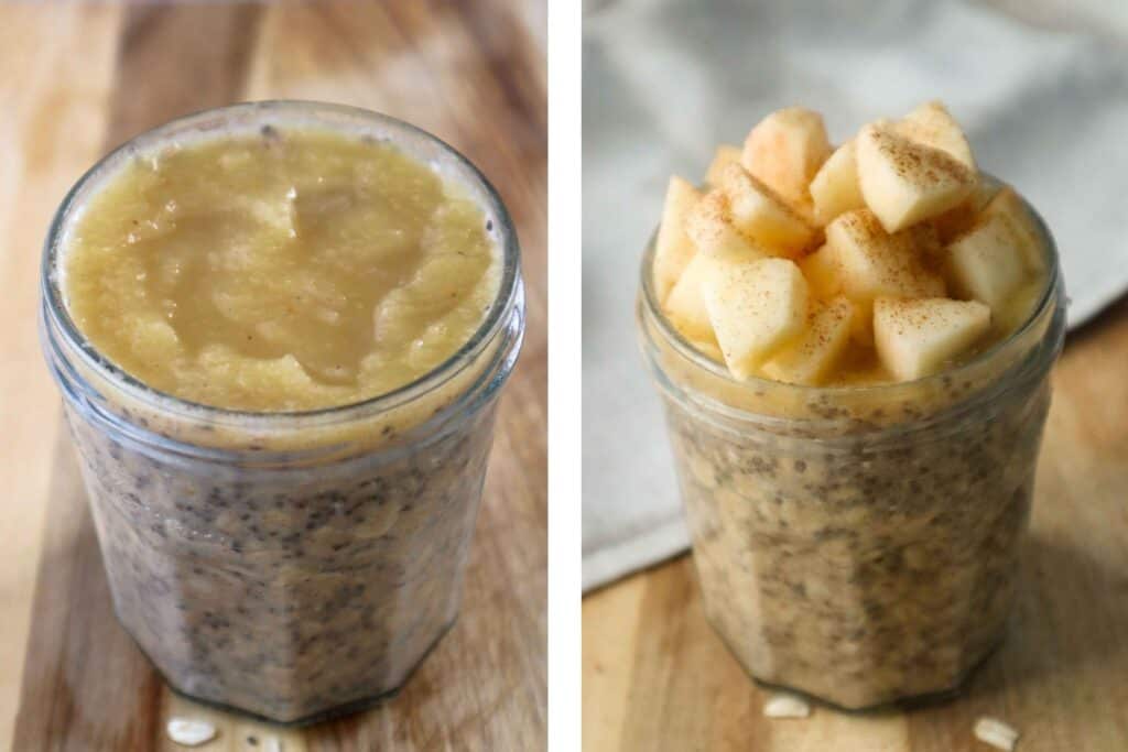 Glass jar on left filled with applesauce overnight oats with applesauce topping and jar on right is topped with chopped apples.