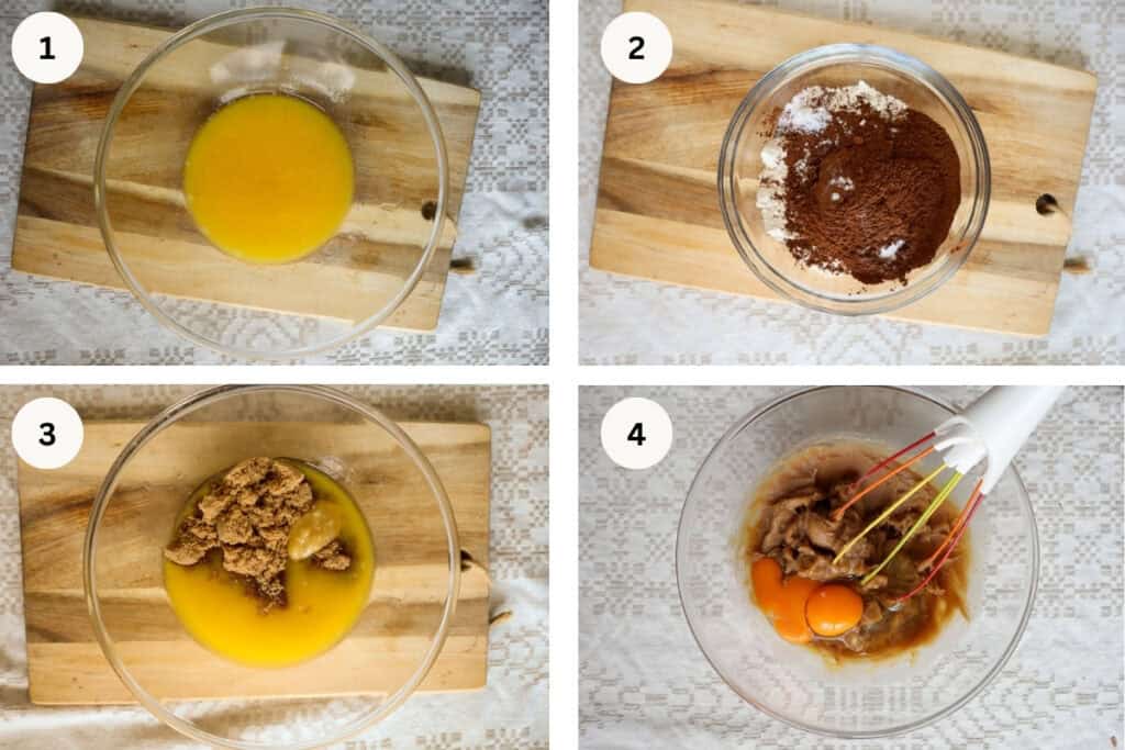 Steps one to four showing melted butter adding sugars.