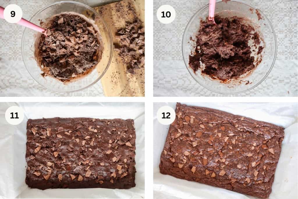 Steps 9-12 showing chocolate chips added to batter and placed in pan.