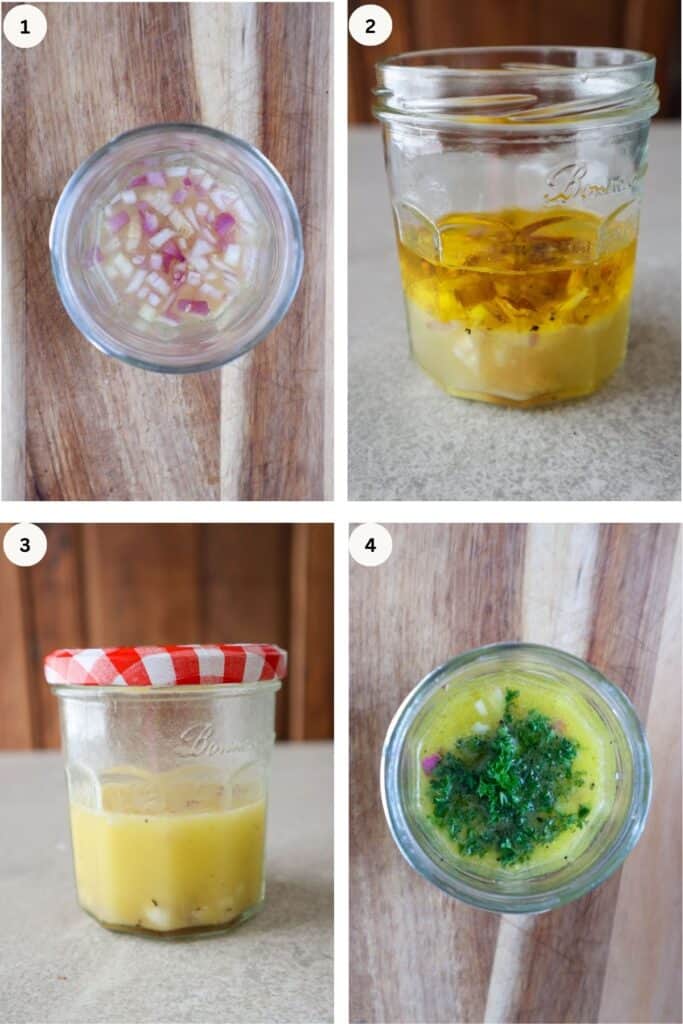 Jar with lemon and chopped shallot, jar with all ingredients, closed jar with ingredients shaken up and view of parsley placed in jar from the top.
