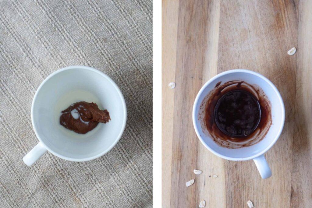 Left image shows nutella and milk in white cup. Right image shows nutellla and milk mixed together in white cup.