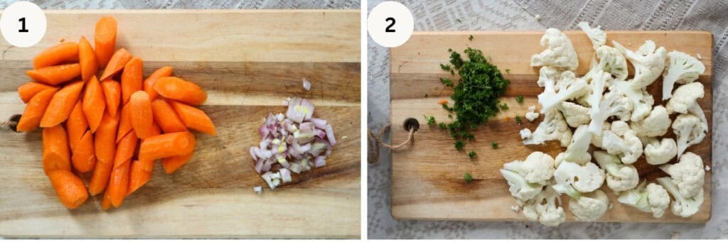 Chopped carrots and shallots and chopped cauliflwoer and parsley on cutting board.
