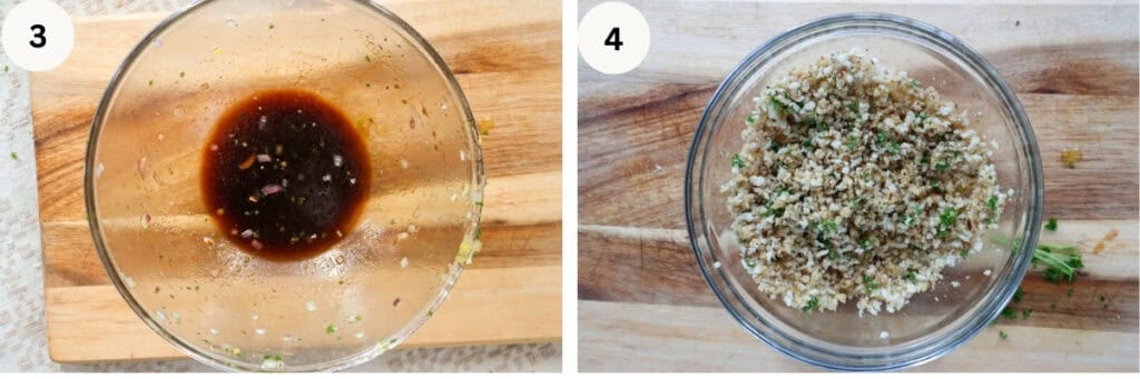 Honey balsamic marinade in large bowl and panko crumble in a small bowl.