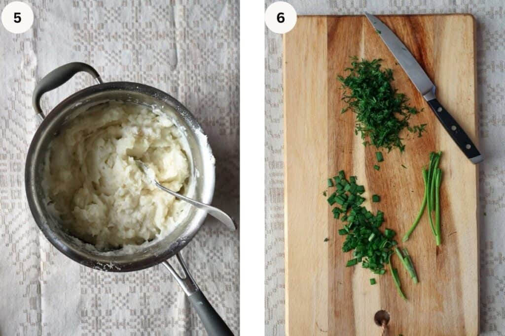 Cottage cheese mashed potatoes in pot and chopped dill and chives on wooden board.