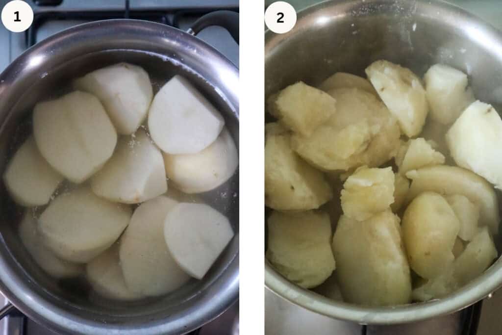 Potatoes boiling in water.