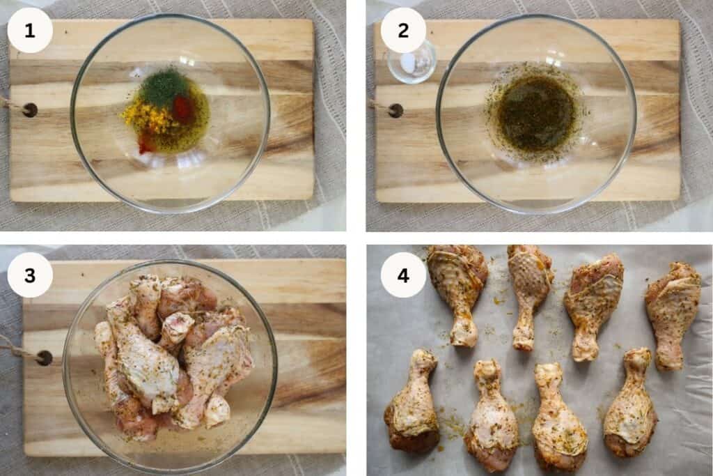 Four images showing lemon zest, lemon pepper, dried dill, paprika and olive oil in large glass bowl and then image showing chicken marinated in the bowl and then an image showing drumsticks on parchment paper.
