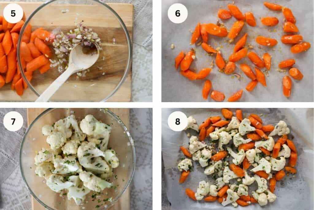 Chopped shallots in bowl with olive oil, chopped carrots on roasting pan, chopped cauliflower in bowl, carrots and cauliflower on roasting pan.