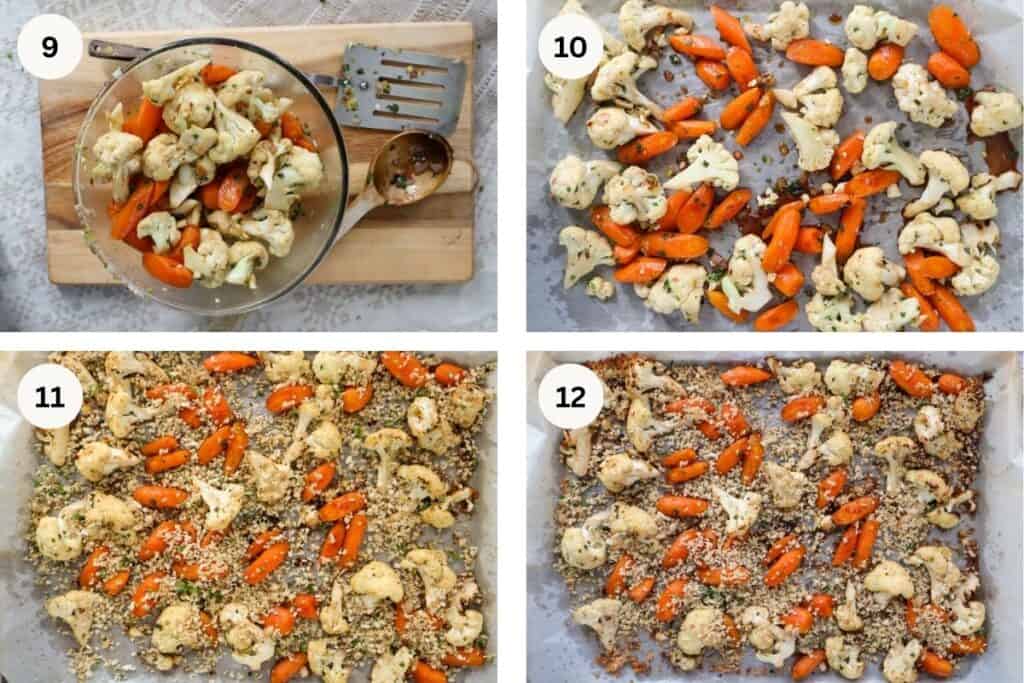 Carrots and cauliflower in bowl with spatula and wooden spoon next to it, carrots and cauliflower on pan, cauliflower and carrots on pan with crumble, and roasted carrots and cauliflower and crumble.
