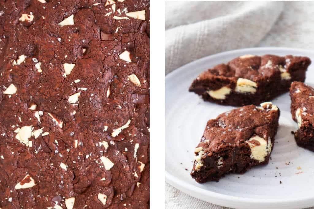 White chocolate chunks in chocolate cookie bars cut into diagonal shapes on a white plate.