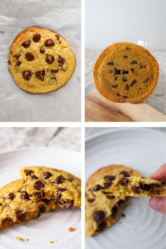 4 images of single large chocolate chip cookie on parchment paper, underside, on plate and close up of piece of cookie.