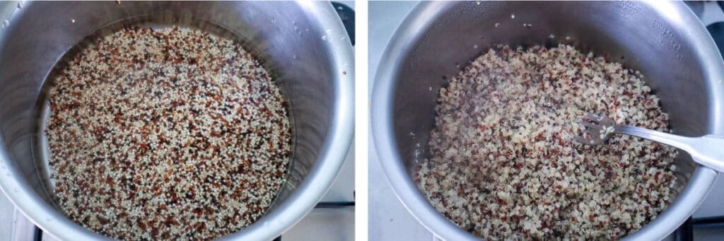 Quinoa in pot of water and cooked quinoa fluffed up in pot.