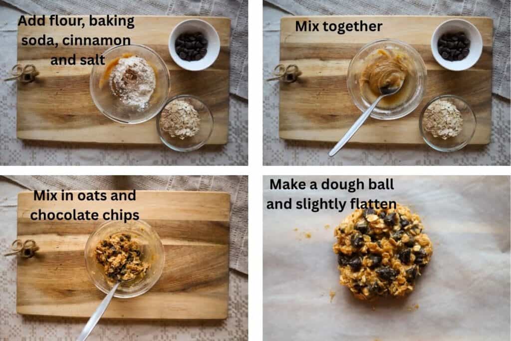 Four images of single oatmeal chocolate chip cookie ingredients on wooden board, with each image showing some dry ingredients being added to the melted butter bowl.