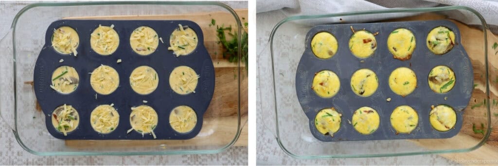 Gray silicone mini quiche pan filled with quiche filling on left side. On right side, the same pan with baked mini quiche.