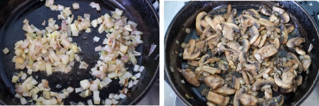 Shallots sauteed in butter in pan and sliced mushrooms sauteed with butter and shallots in pan.