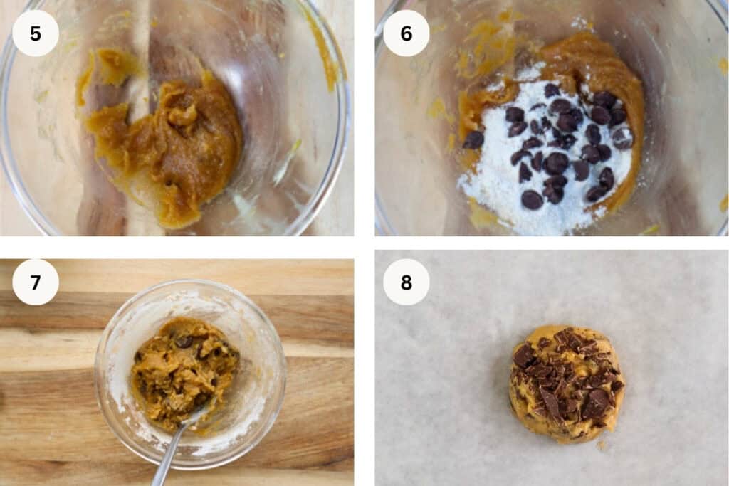 Four images for instructions. Melted butter, sugars, egg, then flour and chocolate chips added, then mixed dough, then dough pattie with chocolate chunks on top.