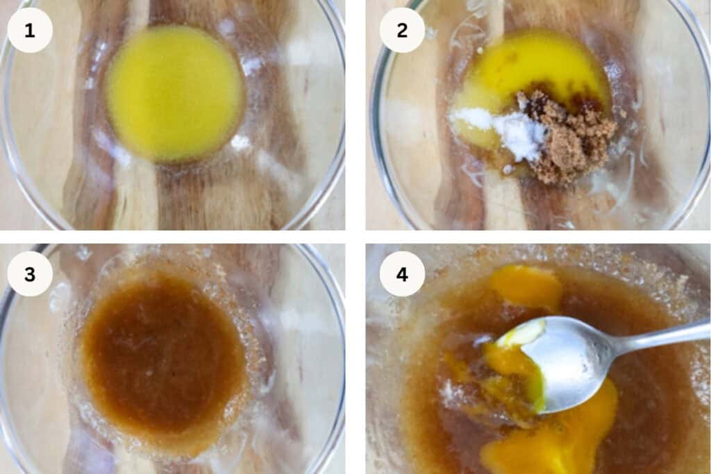 Four instructions images. Melted butter, melted butter and sugars, Melted butter mixed with sugars, melted butter, sugars and egg yolk in small bowls.