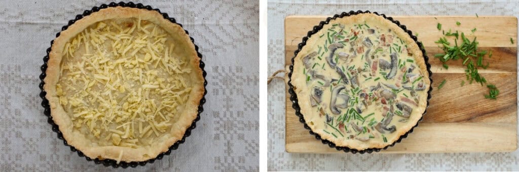 Pate brisee pie crust with grated cheese on top and then with bacon and cheese mixture poured into the pie crust.