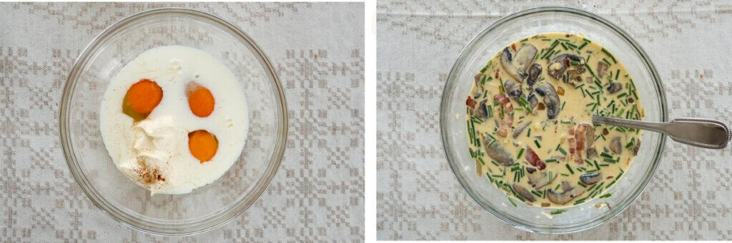Eggs, creme fraiche, milk, nutmeg and pepper in glass bowl. Egg mixture plus mushrooms, bacon and chopped chives.