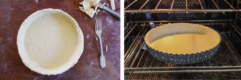 Pate brisee dough placed in pie dish with fork marks in the dough and with fork next to it.