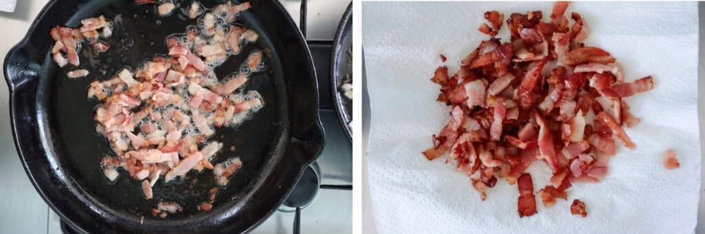 Bacon frying in cast iron pan and then draining on paper towels.