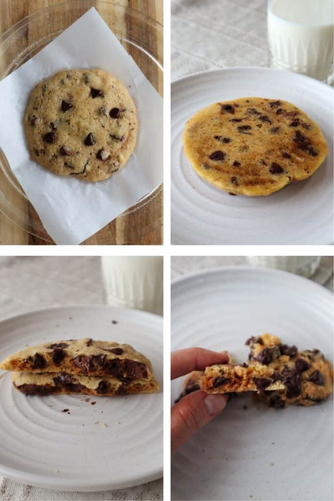 Four images. One of microwaved cookie on parchment paper, the underside of the cookie, the cookie cut in half and a close up of a small part of a cookie.