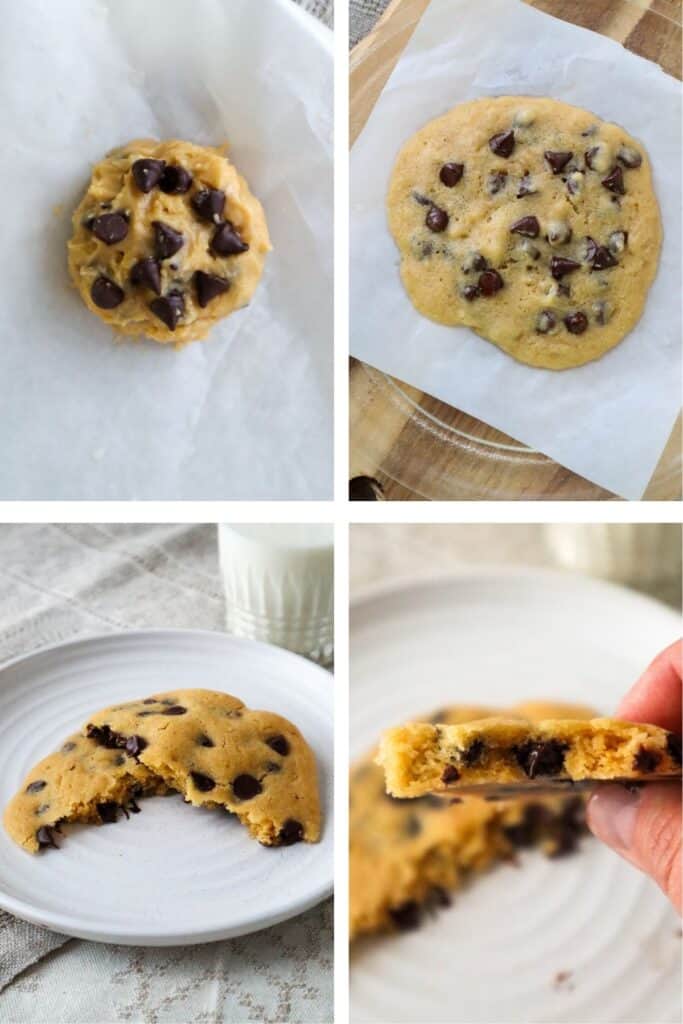 Four images of cookie dough ball on parchment paper, baked cookie, cookie cut in hald and close up of part of a cookie held in fingers.