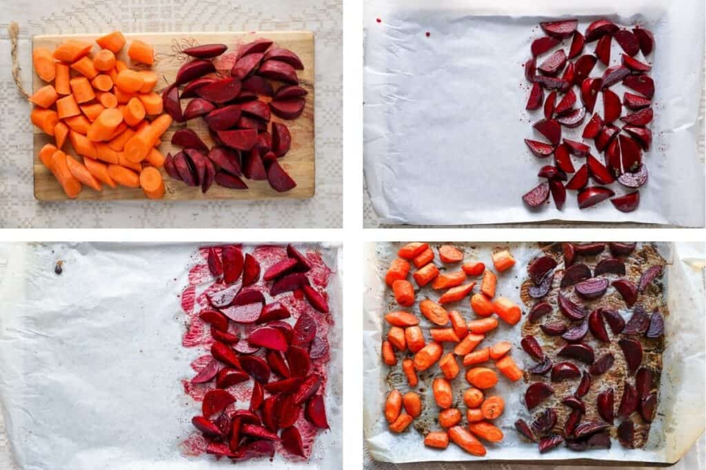Chopped carrots and beets on a cutting board, beets on baking sheet, cooked beets on baking sheet, cooked beets and carrots on baking sheet.
