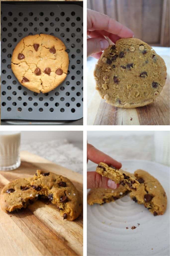 4 images od cookie in air fryer, underneath side of cookie cookie broekn into pieces and close up of bite of cookie.
