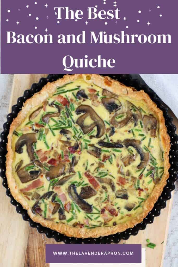 Whole bacon and mushroom quiche seen from top on wooden cutting board.