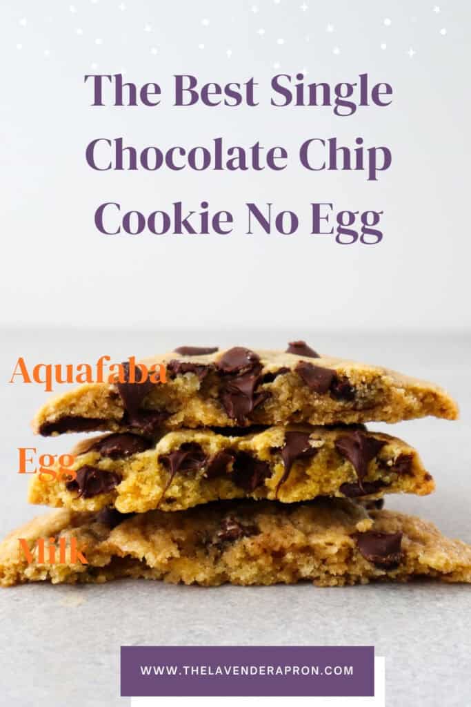 Single chocolate chip cookie made with aquafaba, egg and milk stacked on top of each other.