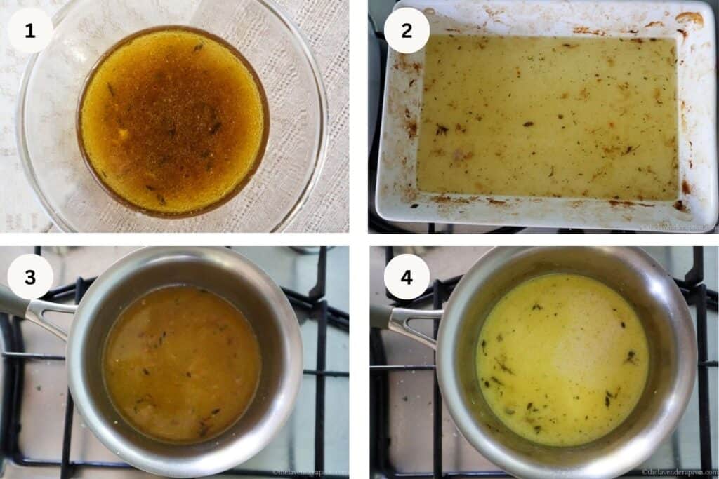 Roast chicken juices in pan, juices in glass bowl, juices in stove top pot and cream added to French roast chicken sauce.
