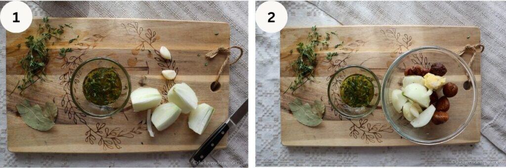 Left image with peeled and quartered onion, two garlic cloves thyme, olive oil in small bowl, all on wooden board. Right image shows thyme placedin bowl with olive oil.