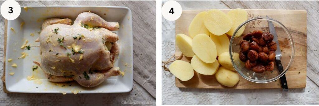 Left image shows raw chicken covered in butter and thyme in white roasting dish. Right image shows peeled potatoes cut in half and bowl of chestnuts.